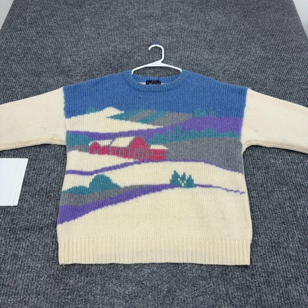Vintage Woolrich Sweater Women XL Blue Wool Landscape Intarsia Cabin Style